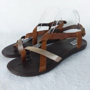 OluKai Upena Leather Sandals Women's‎ 10 Brown Gold Criss Cross Metallic Strappy